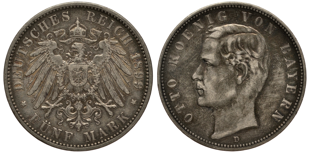 Бавария 5 марок 1899 Отто (1886-1913) Weege 47, J. 46, KM 512 серебро 3711-1425