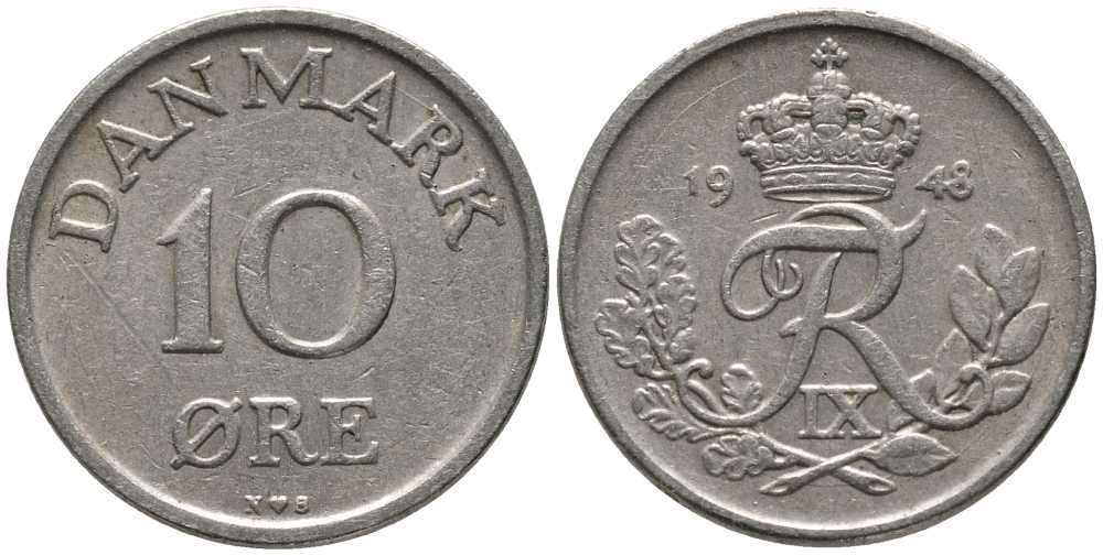 ДАНИЯ 10 ЭРЕ 1948 N; S, ФРЕДЕРИК IX (1947-1972) KM 841.1 медно-никель 116-213