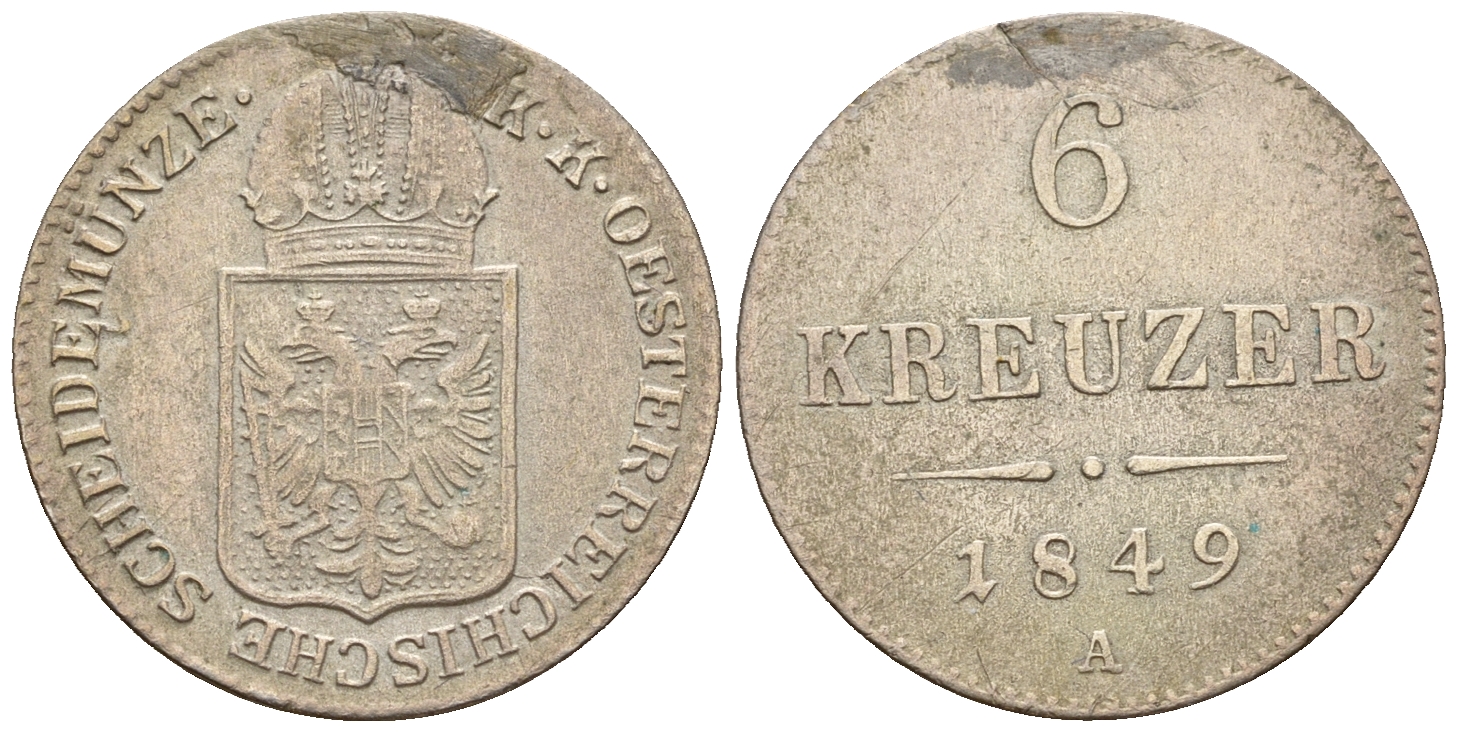 Австрия 6 крейцеров 1849 A, Франц Иосиф I (1848-1916), с подвески KM 2200 серебро    60-1111