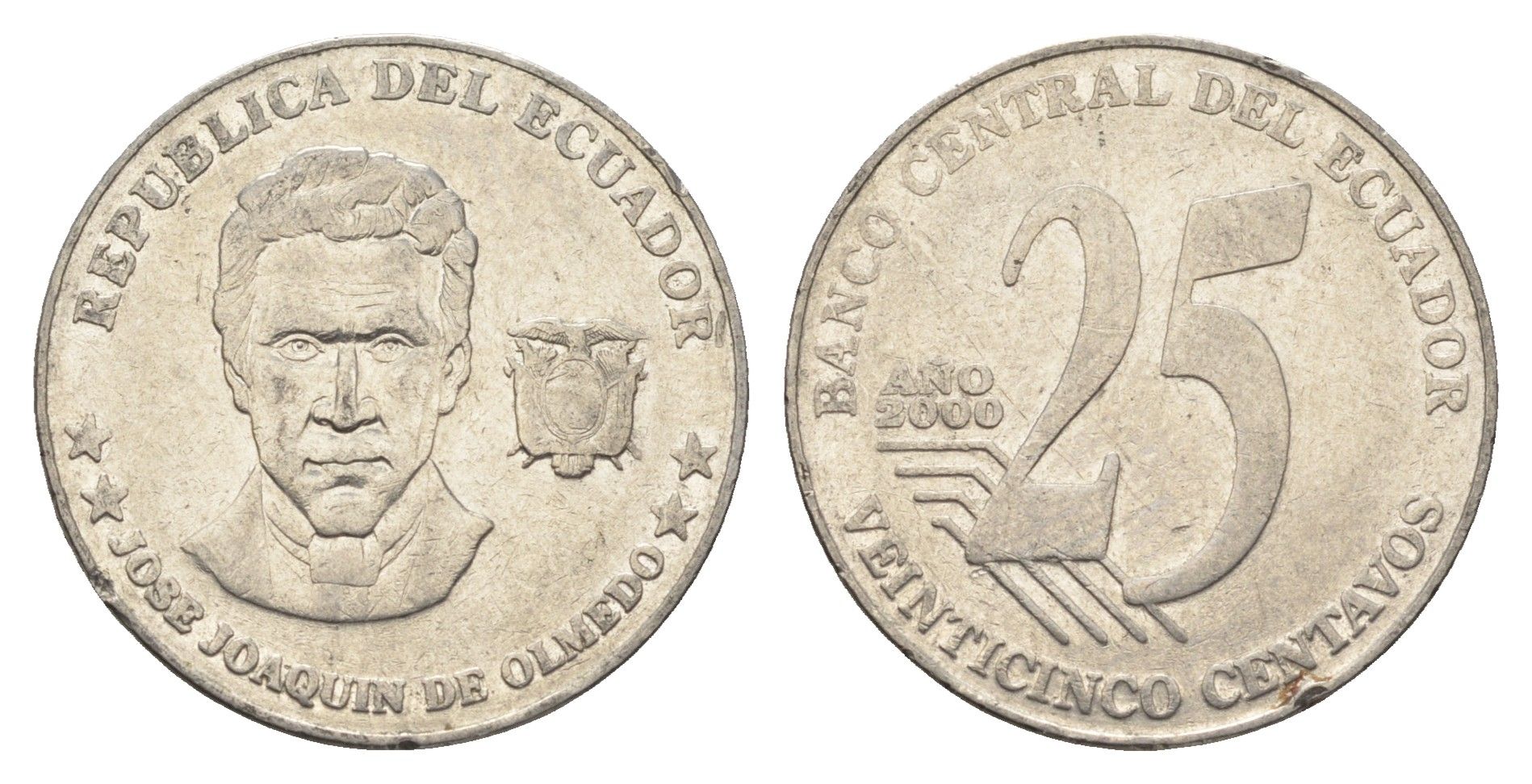 Эквадор 25 сентаво 2000 год-тип KM 107 нержавеющая сталь 4663-357