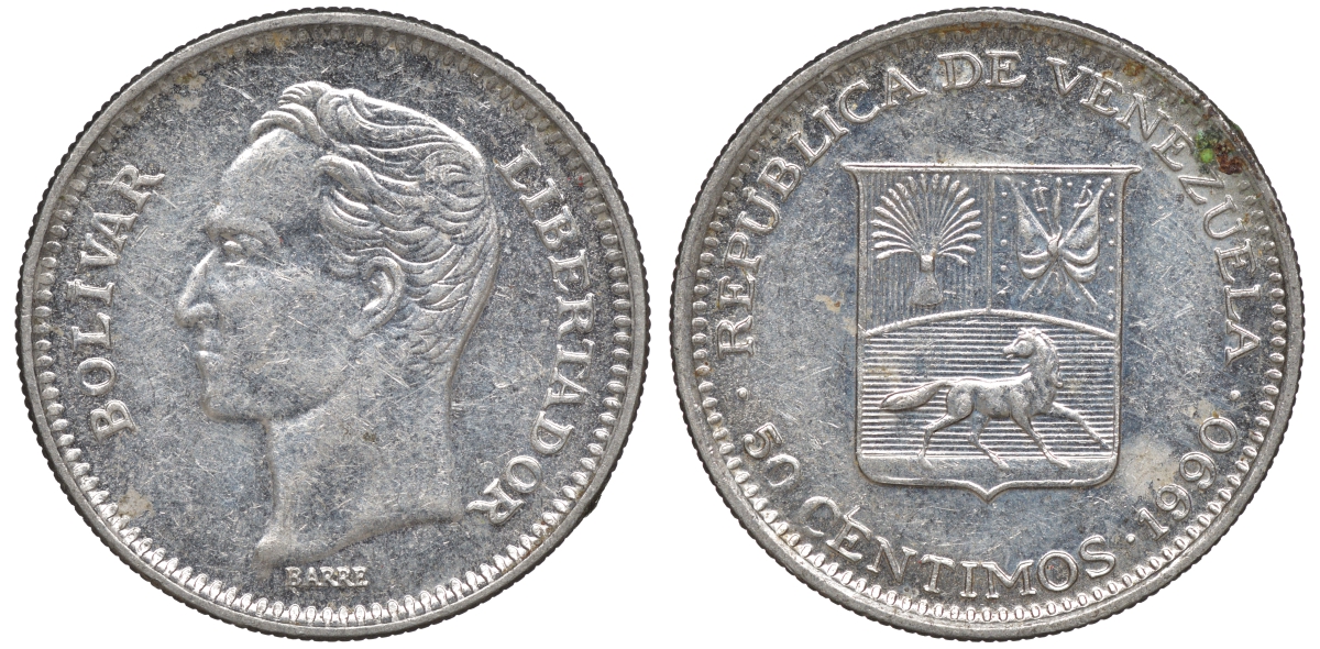 Венесуэла 50 сентимо 1990 Y 41a сталь плакированная никелем 4606-341