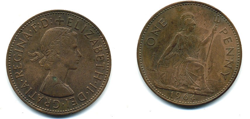 Великобритания 1 пенни 1964 Елизавета II (1952-2022) KM 897, Spink 4157 бронза 4110-336