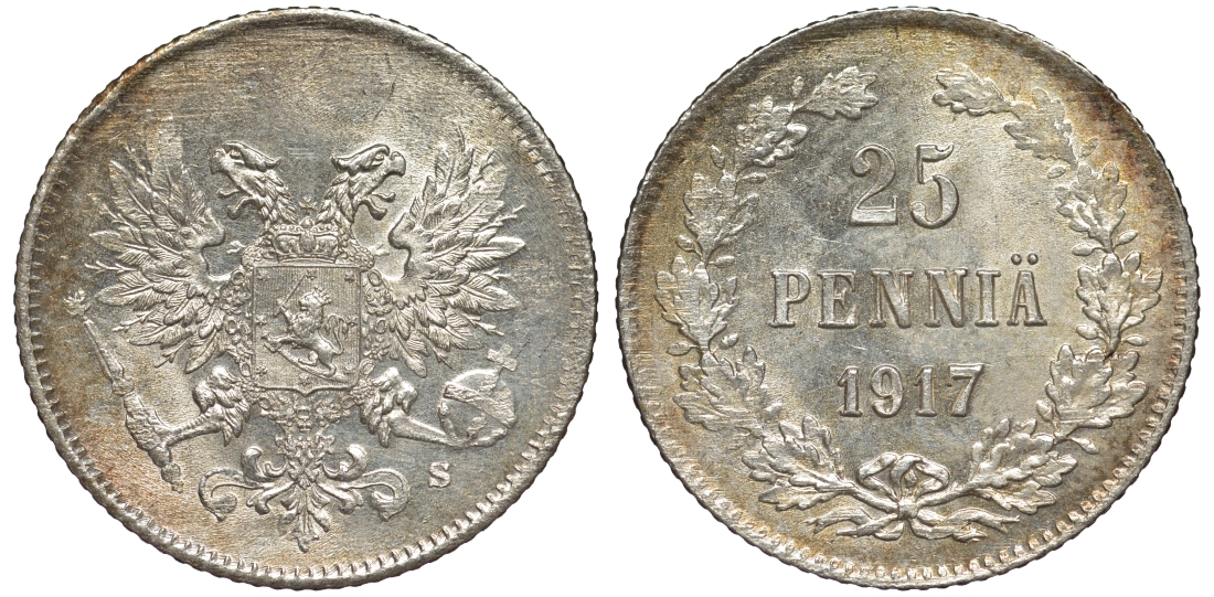 Россия для Финляндии 25 пенни 1917 S, временное правительство, без короны KM 19, Биткин 2 серебро 75-1533