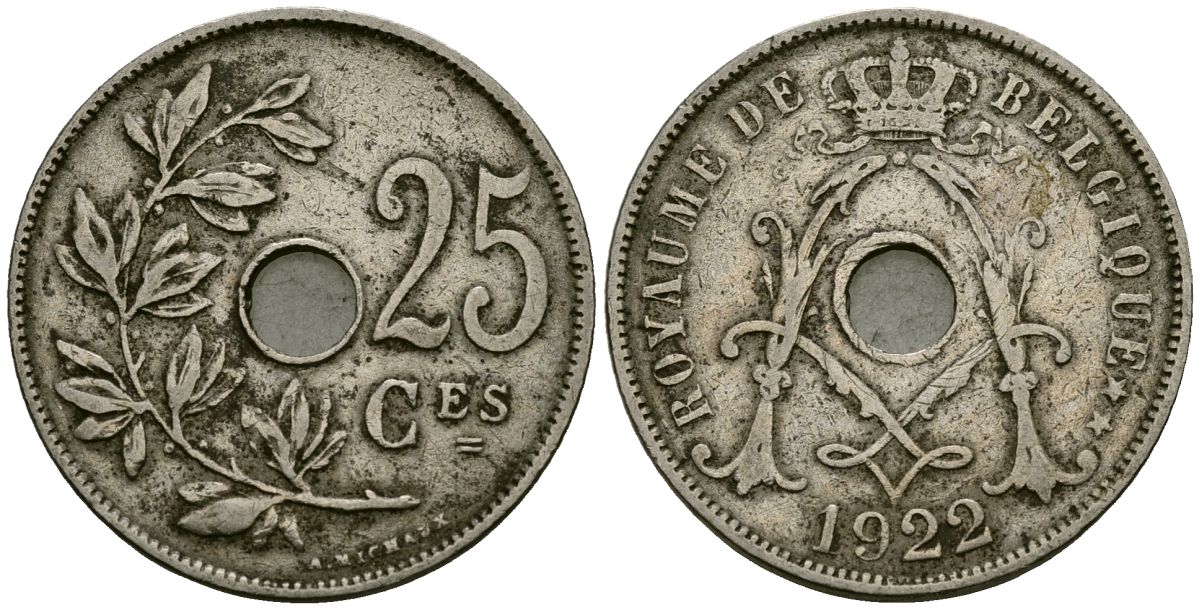 Бельгия 25 сантимов 1922 Belgique KM 68 медно-никель 4165-434