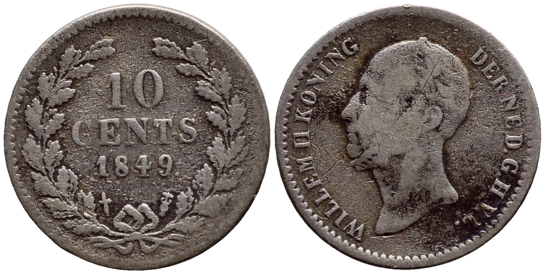 НИДЕРЛАНДЫ 10 ЦЕНТОВ 1849 ВИЛЬЯМ II, ТОЧКА ПОСЛЕ ДАТЫ KM 75 серебро 633-832