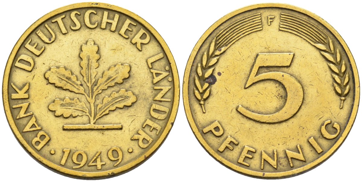 ФРГ 5 пфеннигов 1949 F KM 102, J. 377 сталь плакированная латунью 4594-413