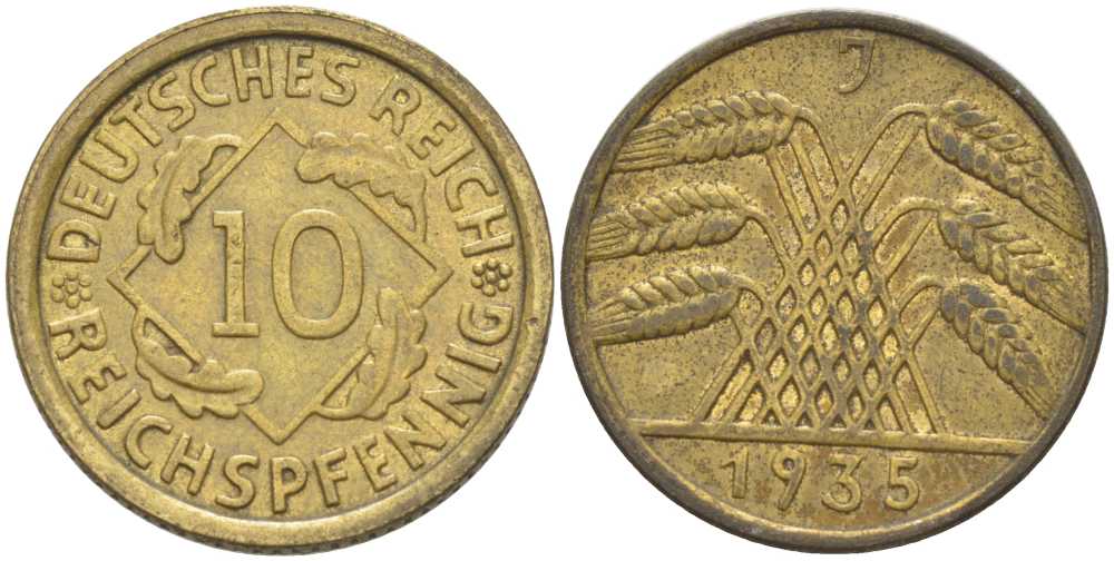 ГЕРМАНИЯ 10 РЕЙХСПФЕННИГОВ 1935 J KM 40, J. 317, Weege 9 алюминиевая бронза 210-413