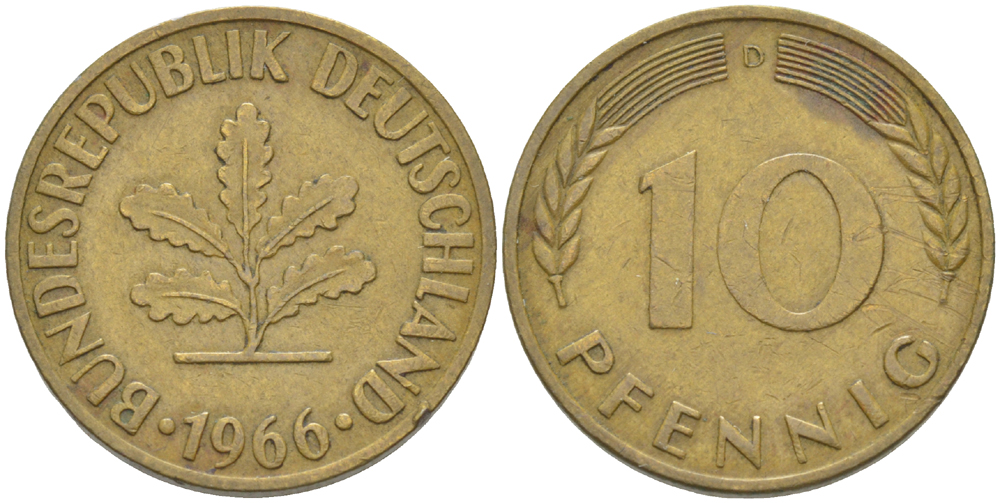 ФРГ 10 ПФЕННИГОВ 1966 D KM 108, J. 383 сталь плакированная латунью 4182-752