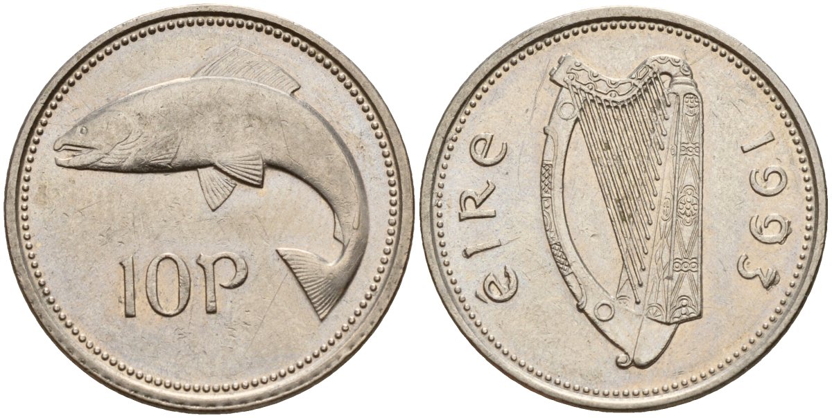Ирландия 10 пенсов 1993 лосось KM 29 медно-никель 4141-314