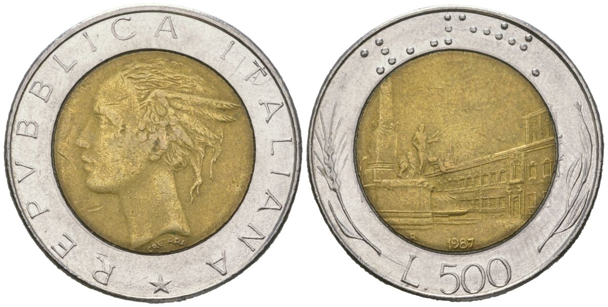 Италия 500 лир 1987 R, Квиринальский дворец в Риме KM 111 биметалл 4619-536