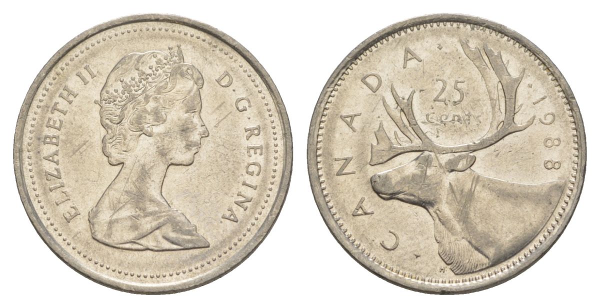 Канада 25 центов 1988 Елизавета II (1952-2022), олень KM 74 никель 4631-637