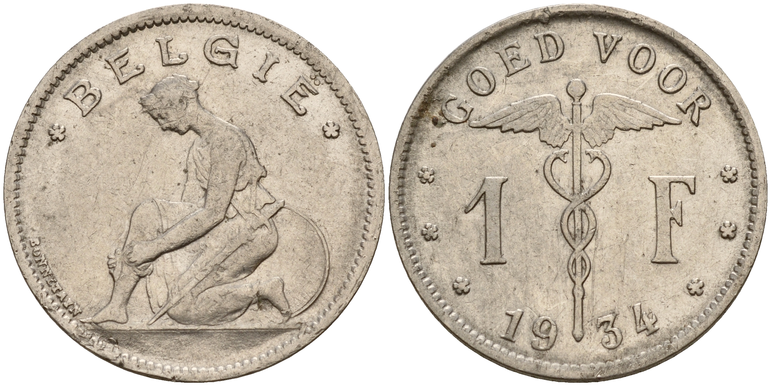 Бельгия 1 франк 1934/24 Belgie KM 90 никель    4161-1211