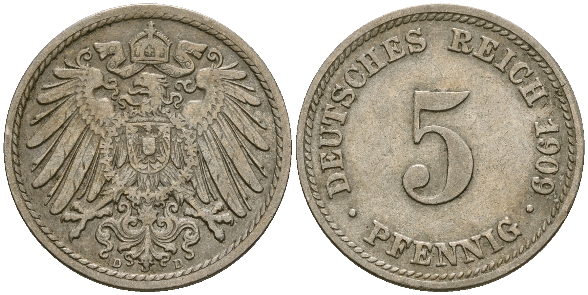 Германия 5 пфеннигов 1909 D, KM 11, J. 12 медно-никель 4608-863