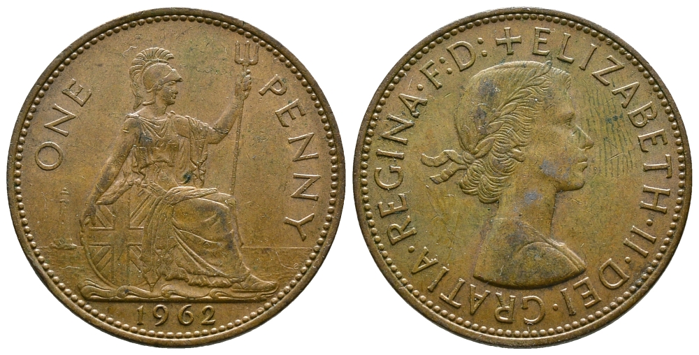 Великобритания 1 пенни 1962 Елизавета II (1952-2022) KM 897, Spink 4157 бронза 89-824