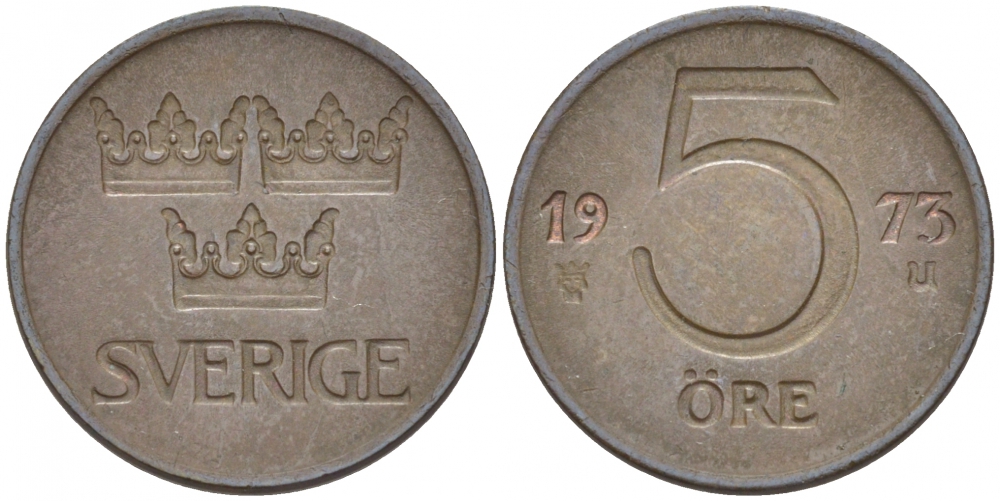 Швеция 5 эре 1973 U, Густав VI Адольф (1950-1973) KM 845 бронза 112-1049