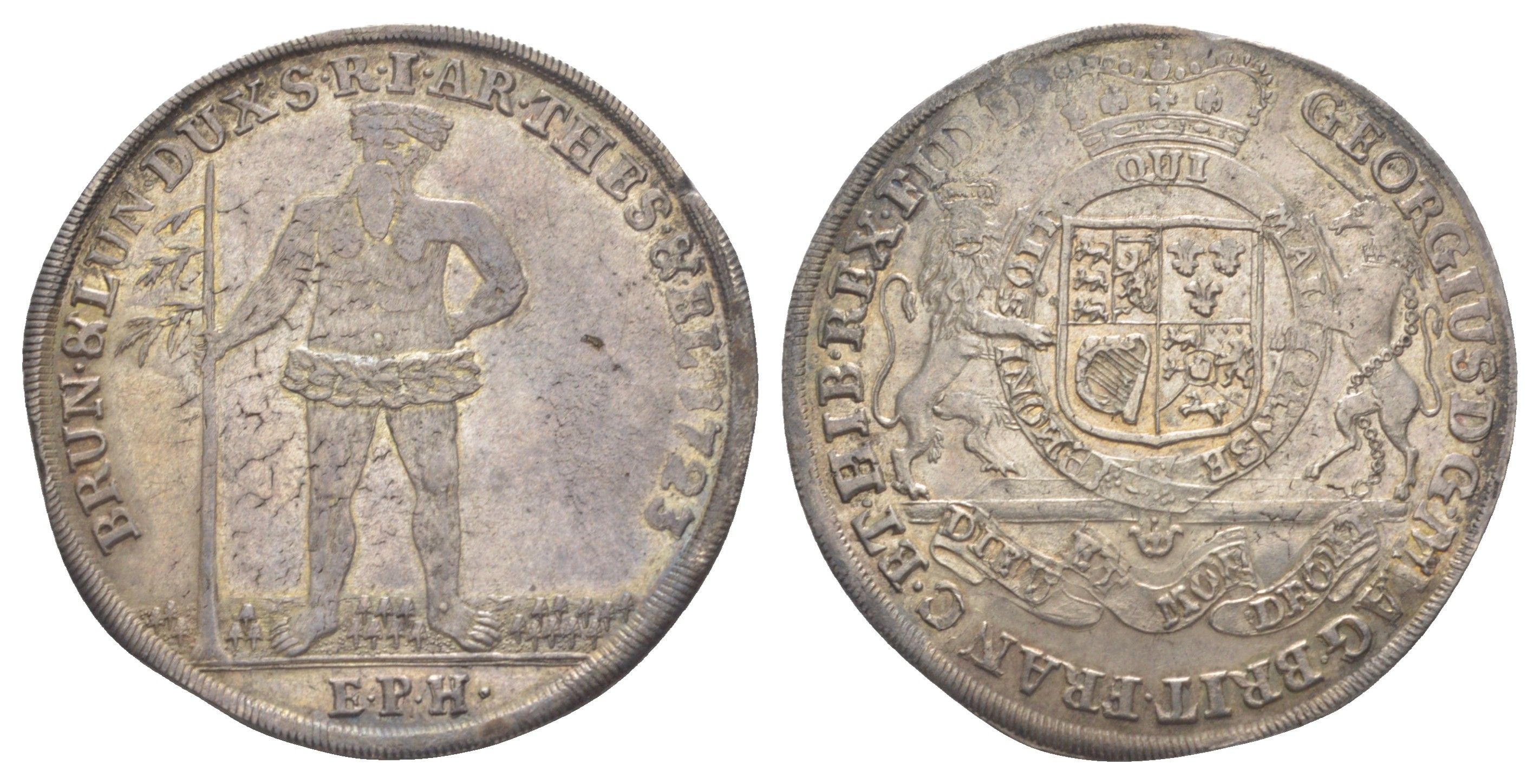 Брауншвейг-Каленберг-Ганновер 1 талер 1723 EPH, дикарь, Георг I (1698-1727), из коллекции Ричарда Б. Смита Davenport 2076, KM 114, Smith 32, Welter 2236 серебро 00-901-19