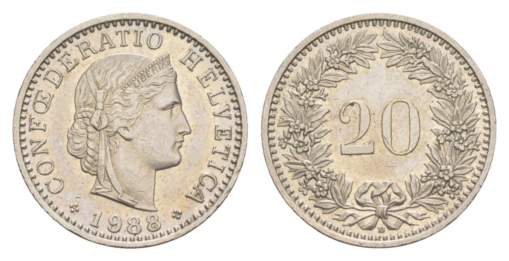 Швейцария 20 раппенов 1988 B KM 29a медно-никель 4547-547