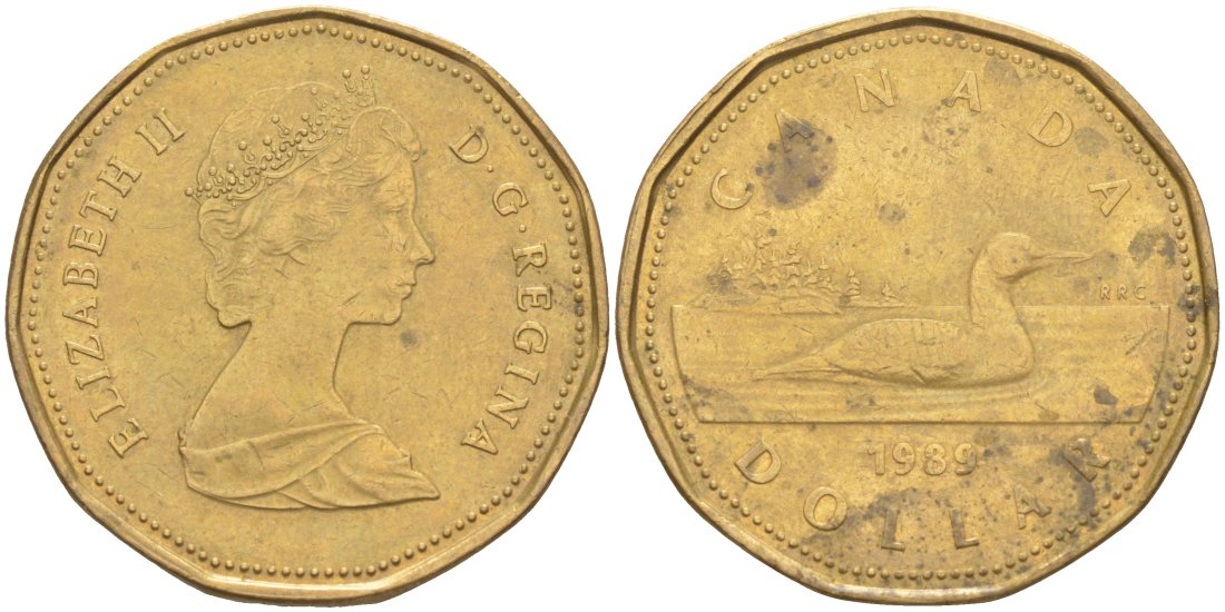 Канада 1 доллар 1989 утка, Елизавета II KM 157 никель плакированный алюминиевой бронзой 63-626