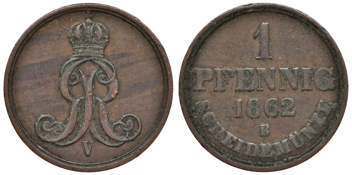 Ганновер 1 пфенниг 1862 B, Георг V KM 233, AKS 156, J. 90 медь 4594-539