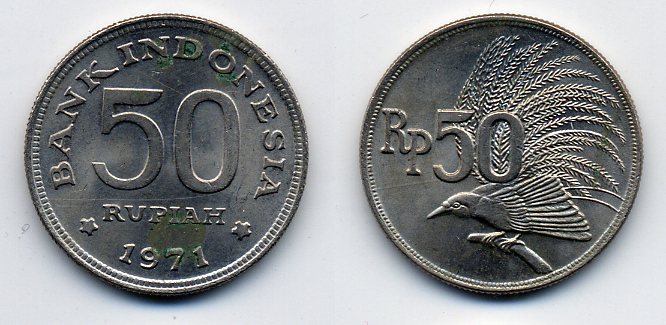 Индонезия 50 рупий 1971 райская птица KM 35 медно-никель UNC 54-1834