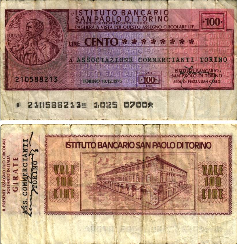 Италия чек на 100 лир 1975 Турин, 10 декабря 1975, (institutoBancario san Paolo Di torino) бумага 6280-33-3-2