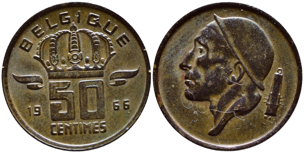 БЕЛЬГИЯ 50 САНТИМОВ 1966 BELGIQUE KM 148.1 бронза 4392-1347