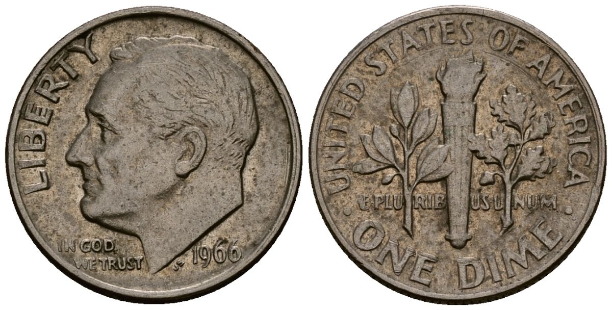 США 10 центов (дайм) 1966 Рузвельт KM 195a медь плакированная медно-никелем 4164-928