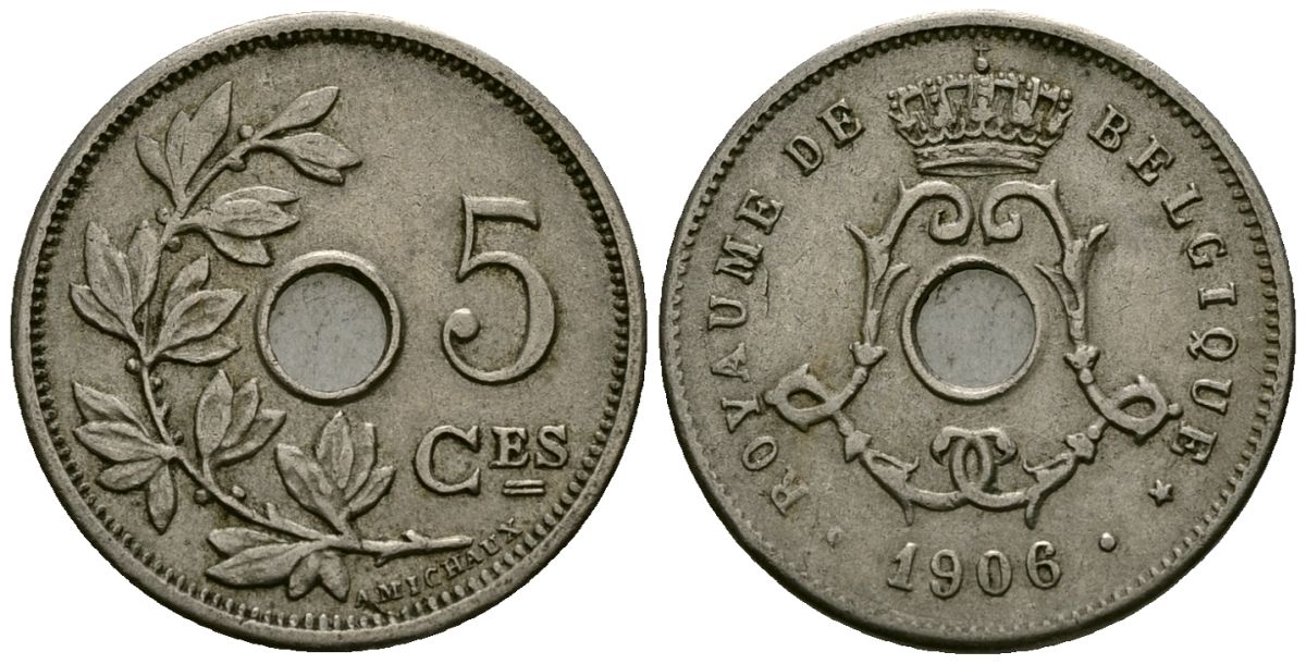 Бельгия 5 сантимов 1906 Belgique KM 54 медно-никель 4173-426