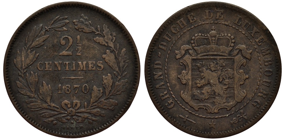 ЛЮКСЕМБУРГ 2 1/2 САНТИМА 1870 u, ГЕРЦОГ ВИЛЛЕМ III НИДЕРЛАНДСКИЙ (1849-1890), МОНДВОР УТРЕХТ, С ТОЧКОЙ НАД BARTH НА РЕВЕРСЕ КМ 21 бронза 4538-754