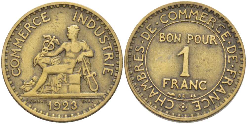 ФРАНЦИЯ 1 ФРАНК 1923 CHAMBRES DE COMMERCE KM 876, LE FRANC 218.5 алюминиевая бронза 202-131
