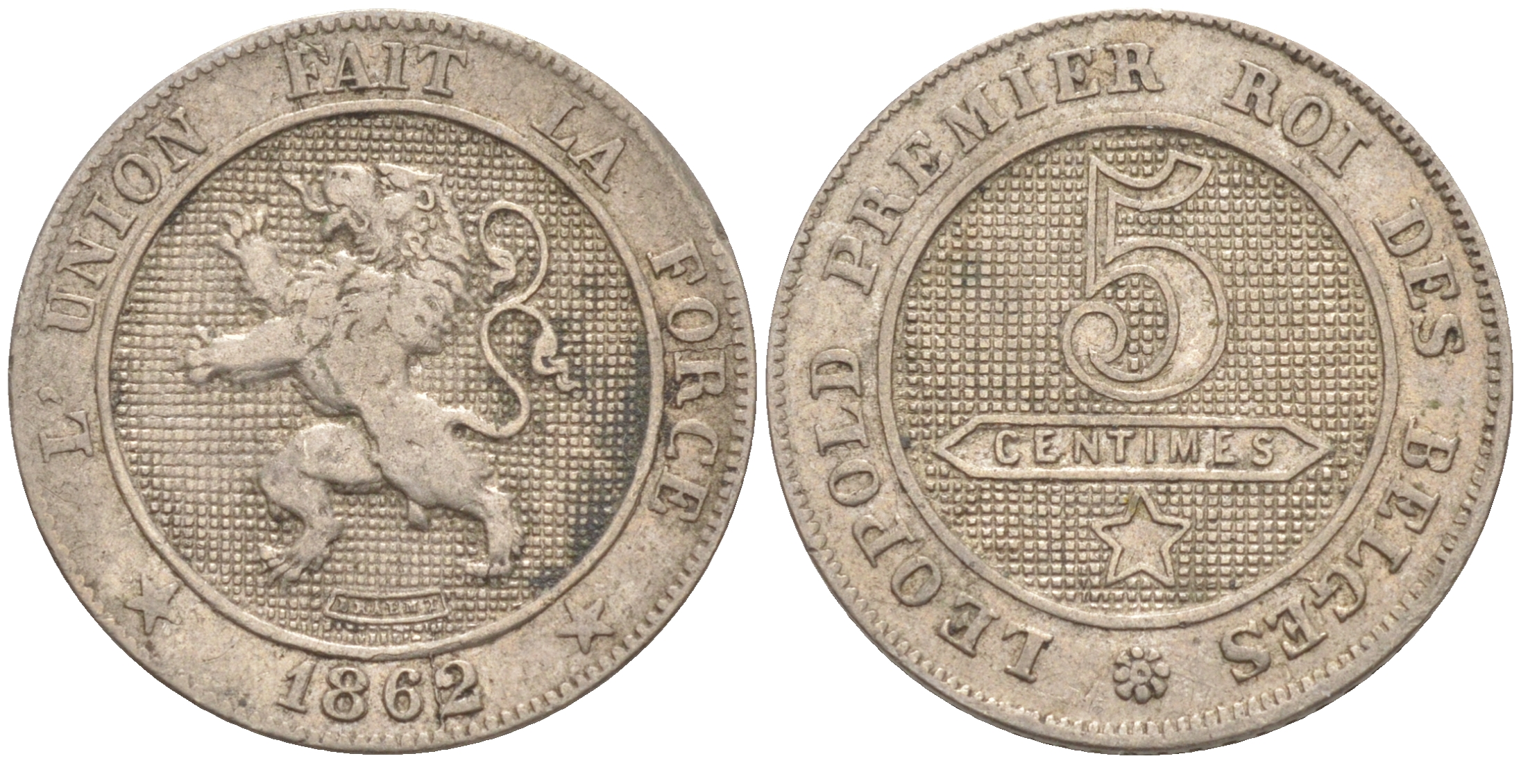 БЕЛЬГИЯ 5 САНТИМОВ 1862 BELGES KM 21 медно-никель 187-936