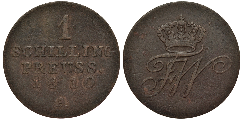 Польша, Восточная Пруссия 1 шиллинг 1810 А, Фридрих Вильгельм III Прусский (1797-1840), вес 2,25 гр. KM 54, Jaeger 18, AKS 45. медь 1516-1114