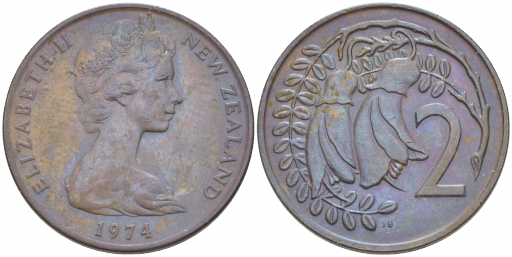 Новая Зеландия 2 цента 1974 Елизавета II (1952-2022), два цветка кохаи KM 32.1 бронза 3851-1055