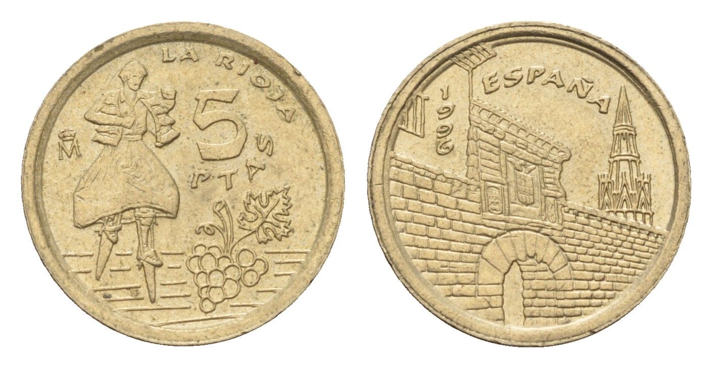 Испания 5 песет 1996 Хуан Карлос I (1975-2014), Риоха (La Rioja) KM 960 алюминиевая бронза 116-357