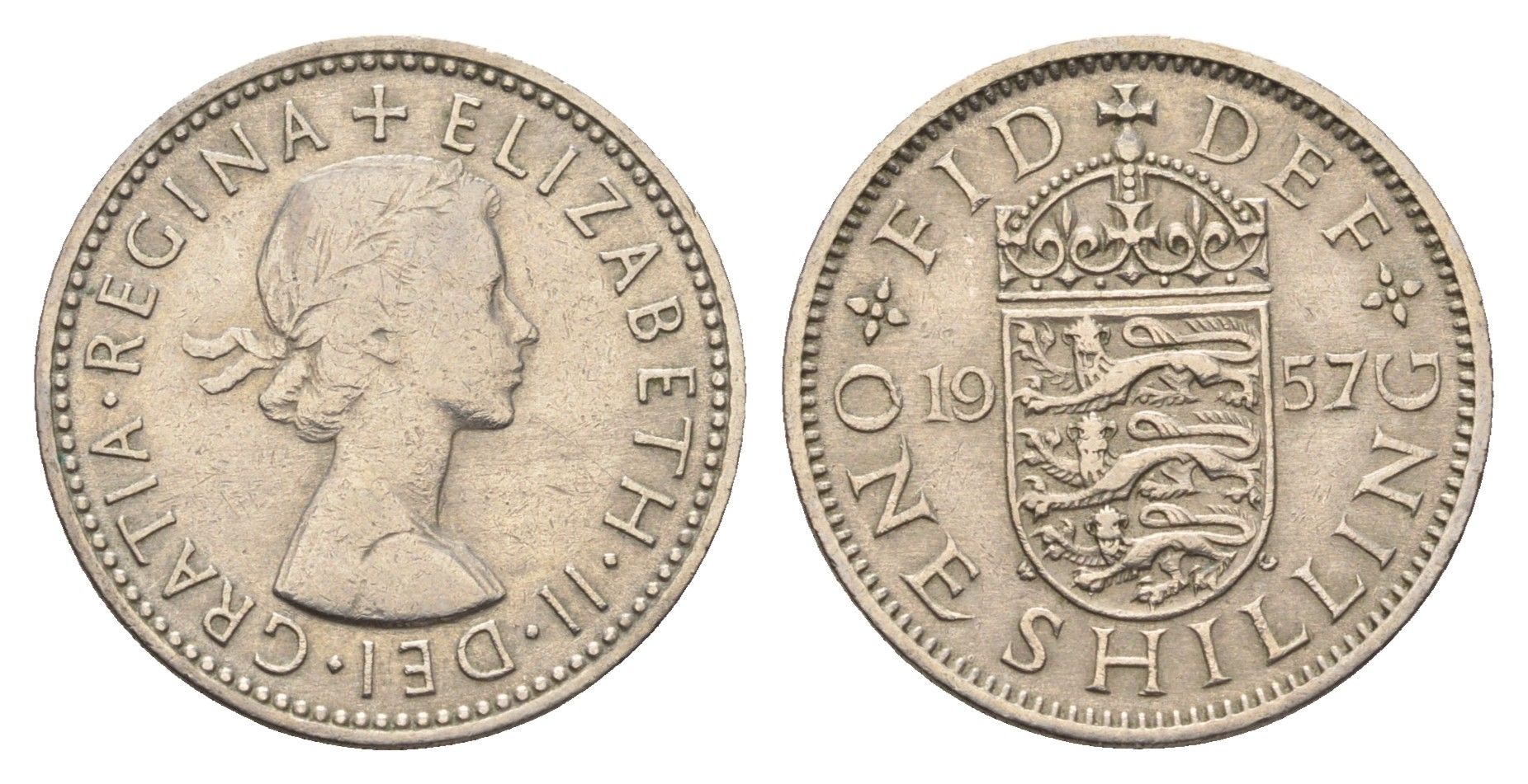 Великобритания 1 шиллинг 1957 Елизавета II (1952-2022), Английский герб KM 904, Spink 4147 медно-никель 4699-457