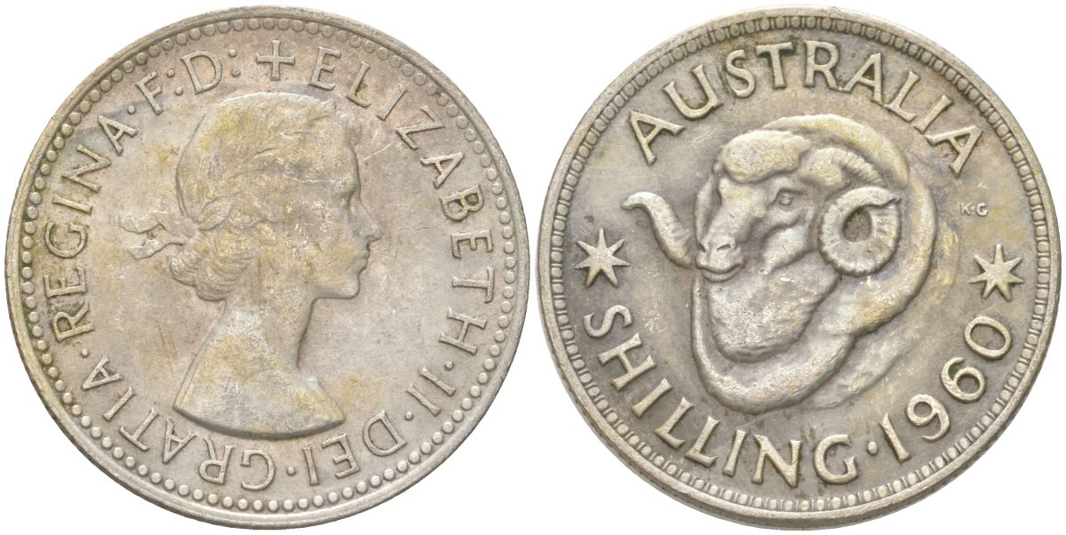 Австралия 1 шиллинг 1960 M, Елизавета II (1952-2022), овца меринос KM 59 серебро 4622-232