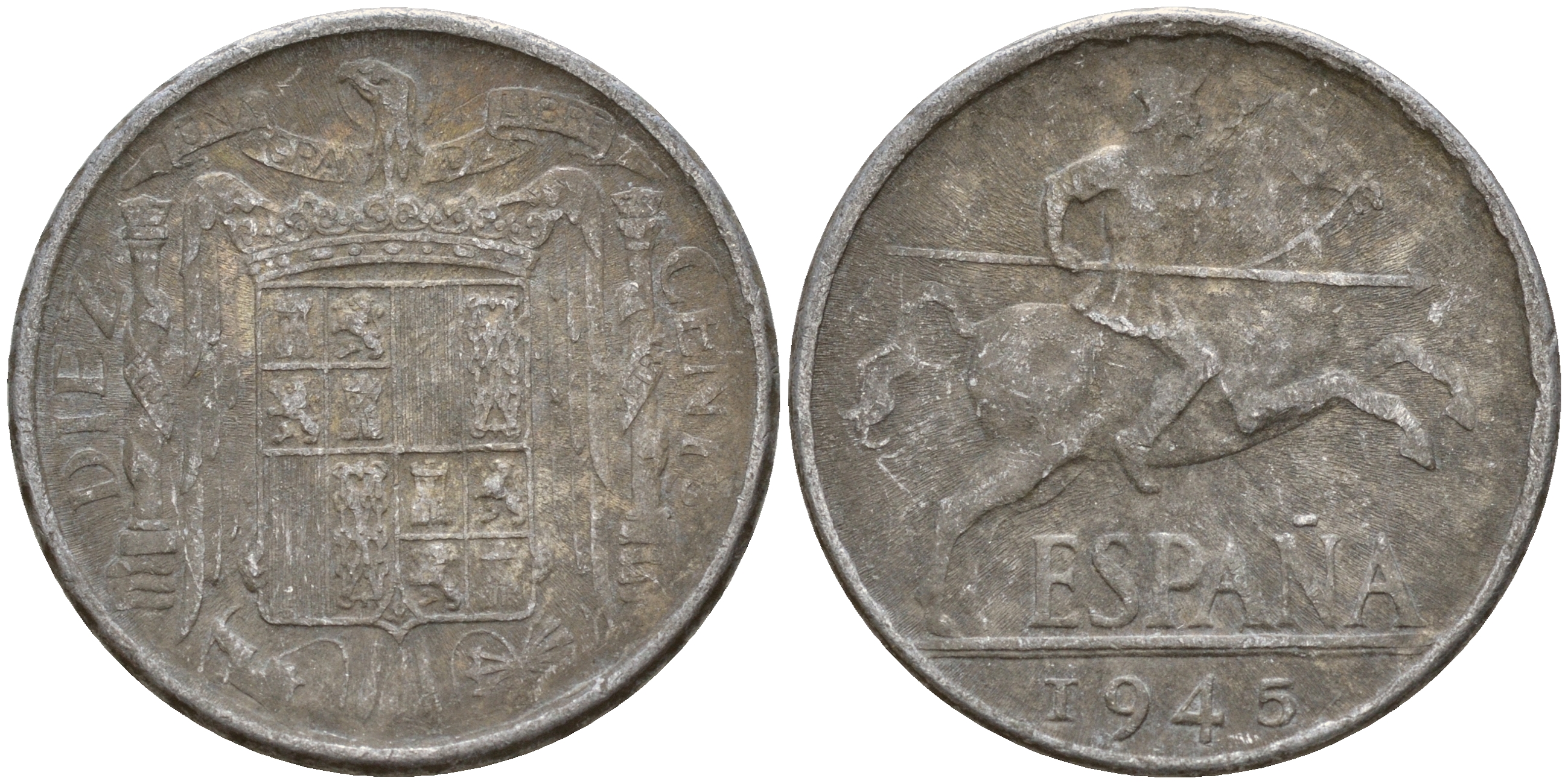 Испания 10 сентимо 1945 рыцарь на коне KM 766 алюминий    4601-951