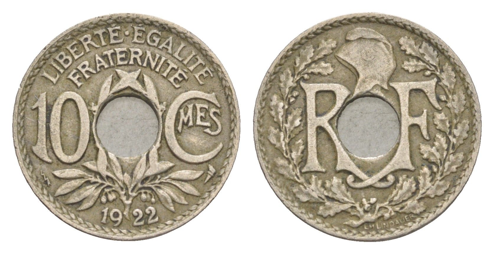 Франция 10 сантимов 1922 KM 866a медно-никель 4174-422