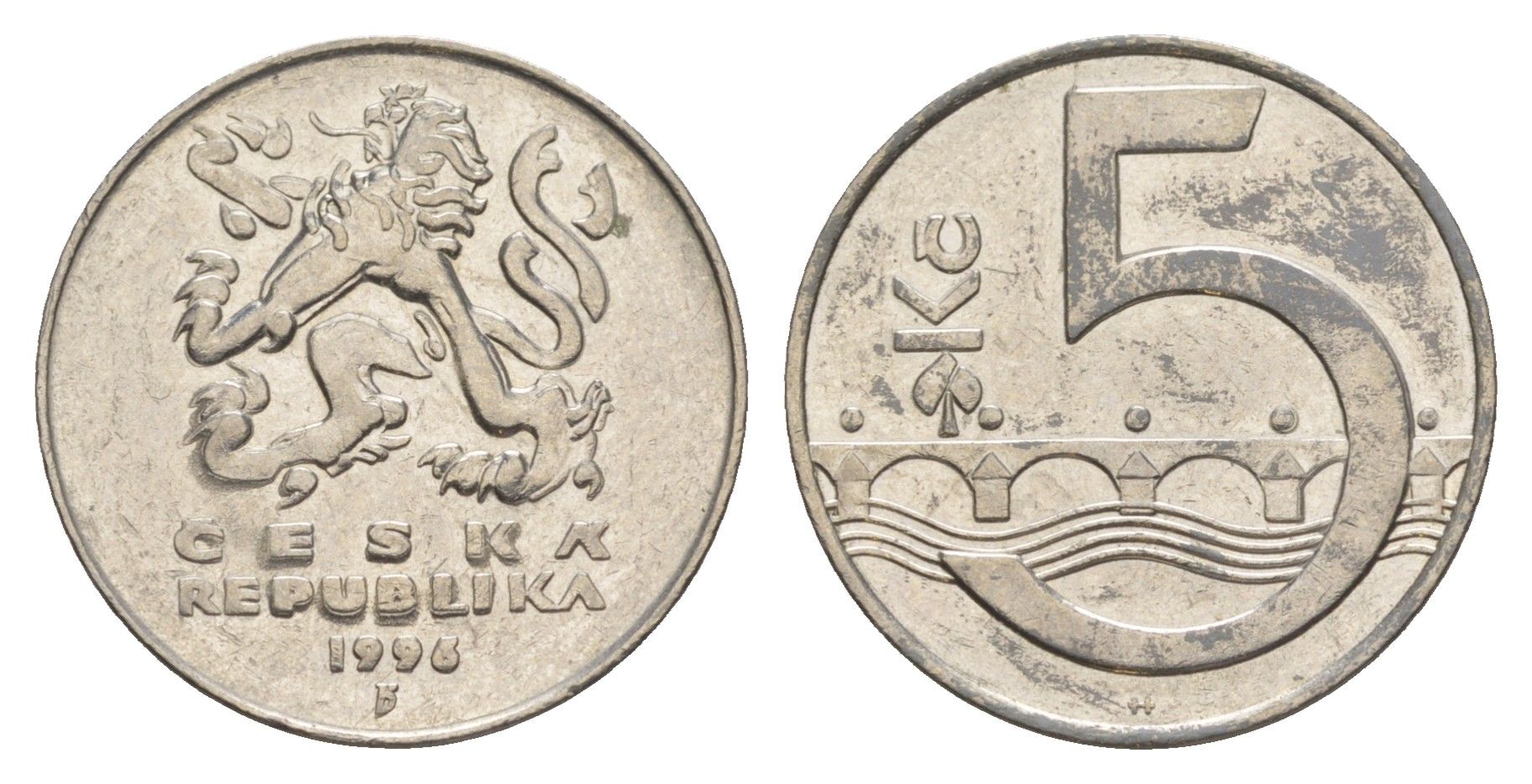 Чехия 5 крон 1996 чешский лев, Карлов мост KM 8 сталь плакированная никелем 4546-1126