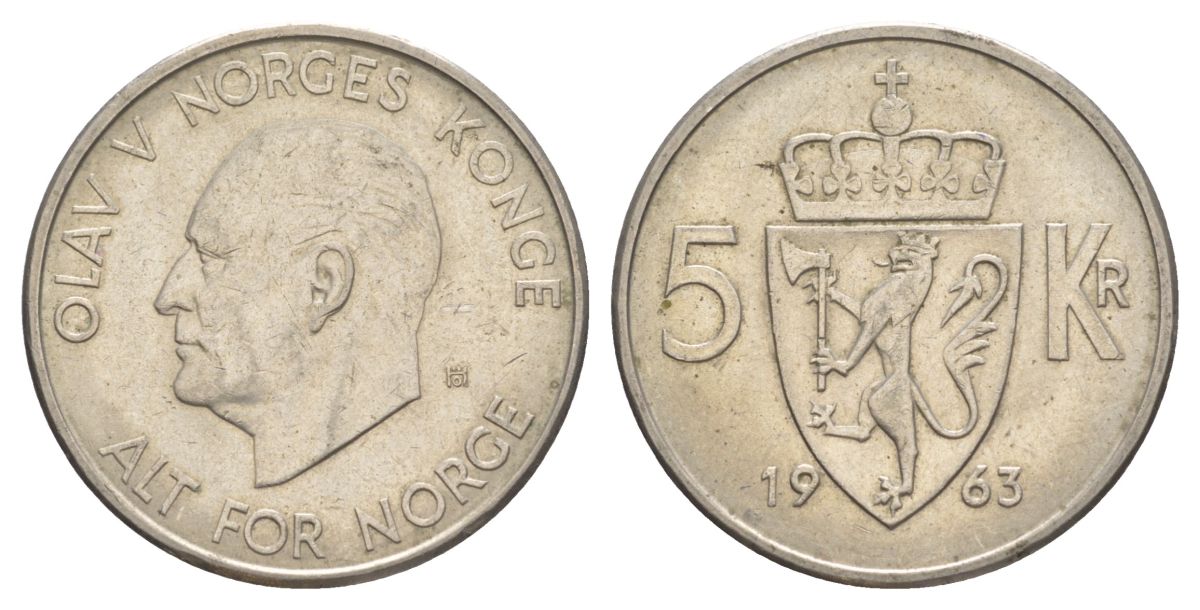 Норвегия 5 крон 1963 Улаф V (1957-1991) KM 412 медно-никель 4162-211