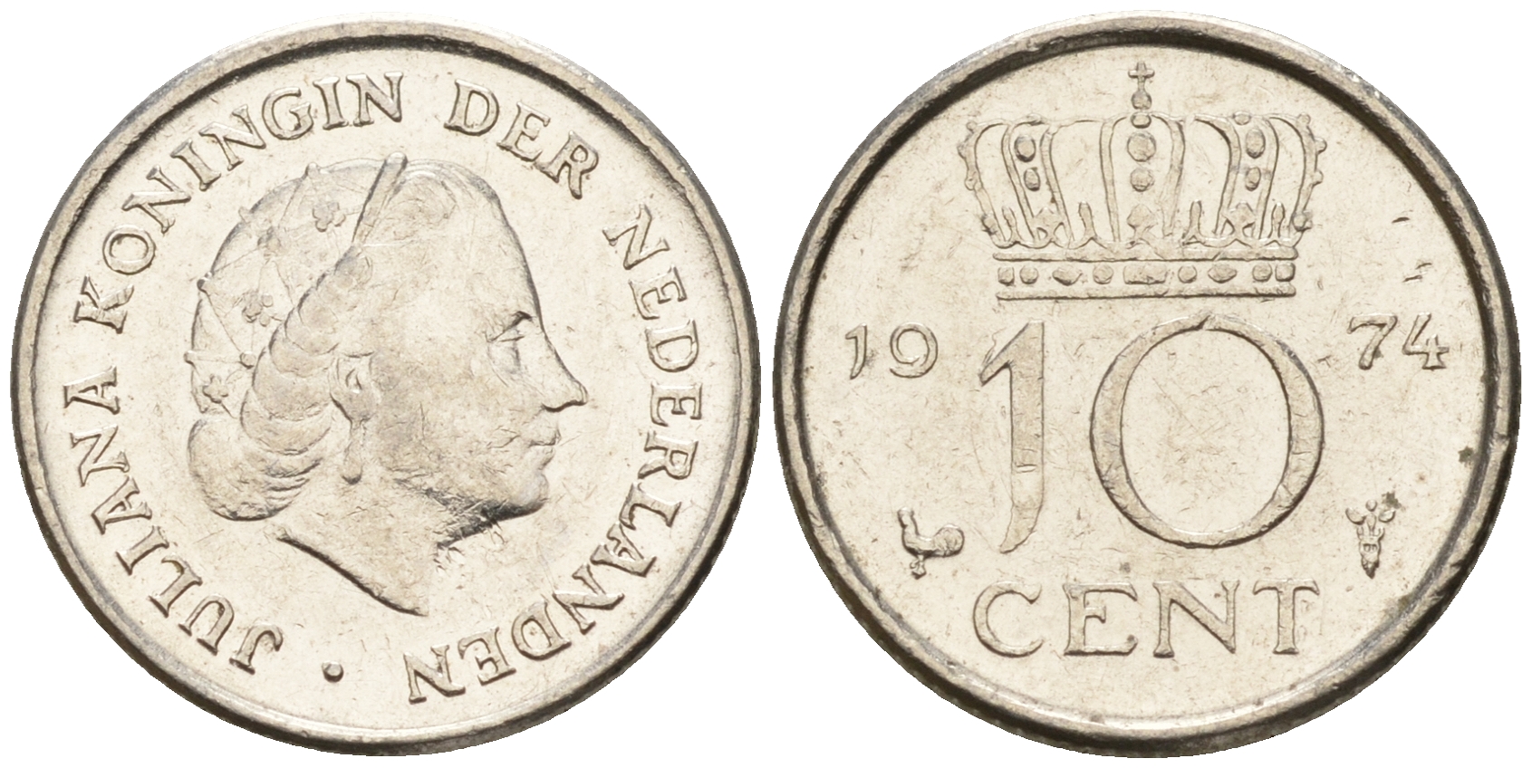 Нидерланды 10 центов 1974 Юлиана (1948-1980) КМ 182 никель    4602-534