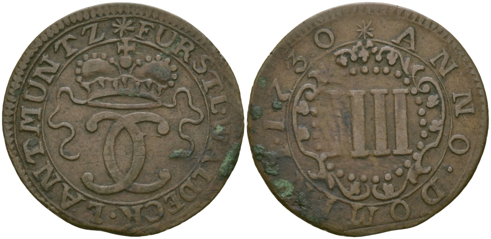 Вальдек 3 пфеннига 1730 KM 6 медь 65-634