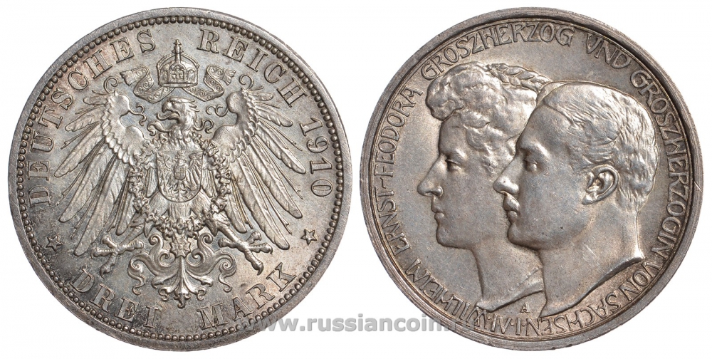 Саксен-Веймар-Эйзенах 3 марки 1910 А, на вторую свадьбу Вильгельма Эрнста и Феодоры Weege 158, J. 162, KM 176 серебро 00-805-46