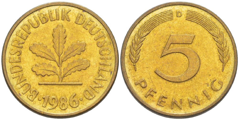 ФРГ 5 ПФЕННИГОВ 1986 D KM 107, J. 382 сталь плакированная латунью 4181-1024