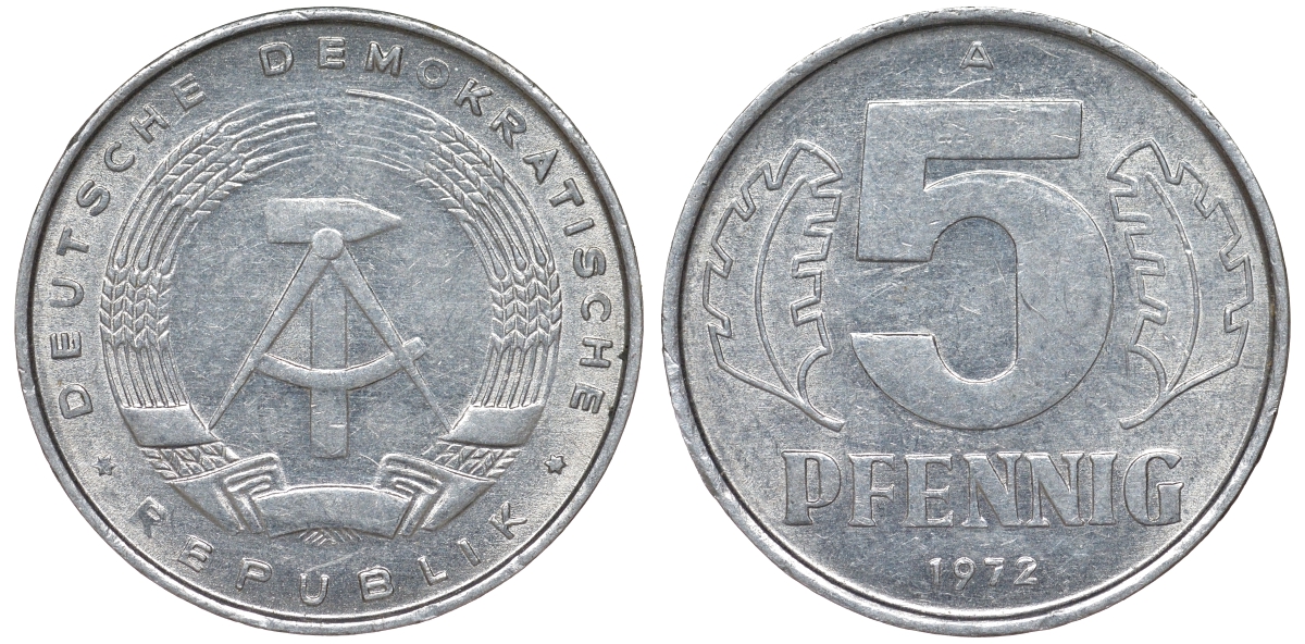 ГДР 5 пфеннигов 1972 A KM 9.1 алюминий 62-247
