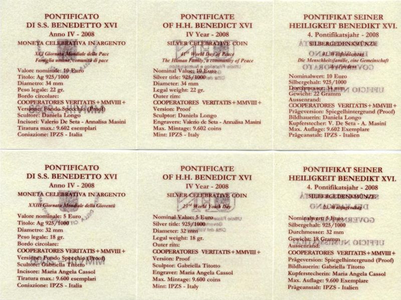 Ватикан 5 евро 2008 Всемирный день молодежи и 10 евро 2008 Всемирный день мира, Бенедикт XVI, в оригинальных коробках с сертификатами KM 406, 407 серебро PROOF 4-3-3-04