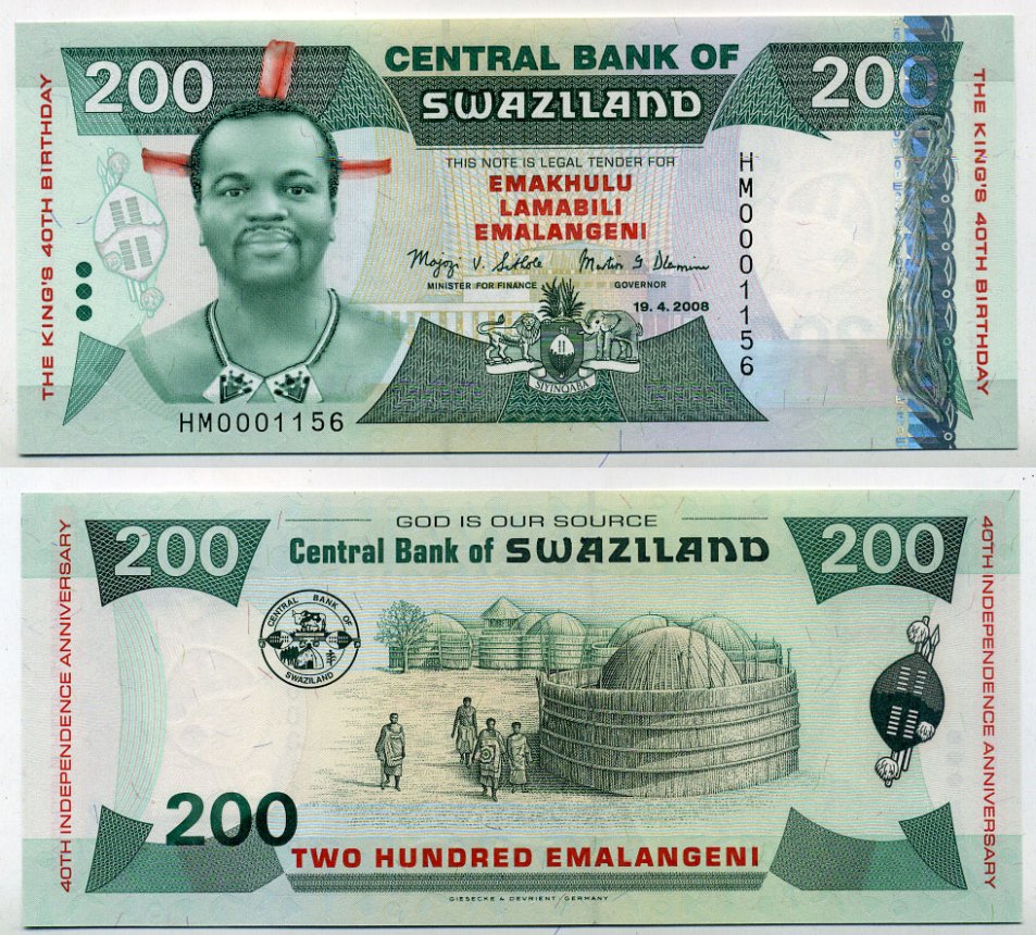 Свазиленд 200 емалангени 2008 король Мсвати III, 40 лет со дня рождения и 40 лет независимости Pick 35 бумага UNC (пресс) 451-120-3