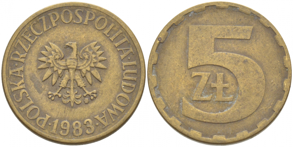 ПОЛЬША 5 ЗЛОТЫХ 1983 MW KM 81.1 латунь VF 3996-751
