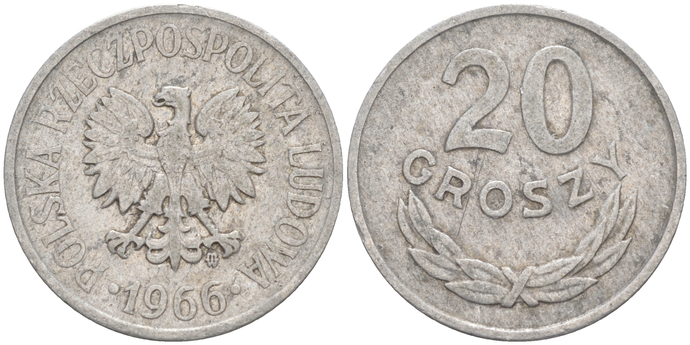 ПОЛЬША 20 ГРОШЕЙ 1966 MW KM A47 алюминий VF 188-264