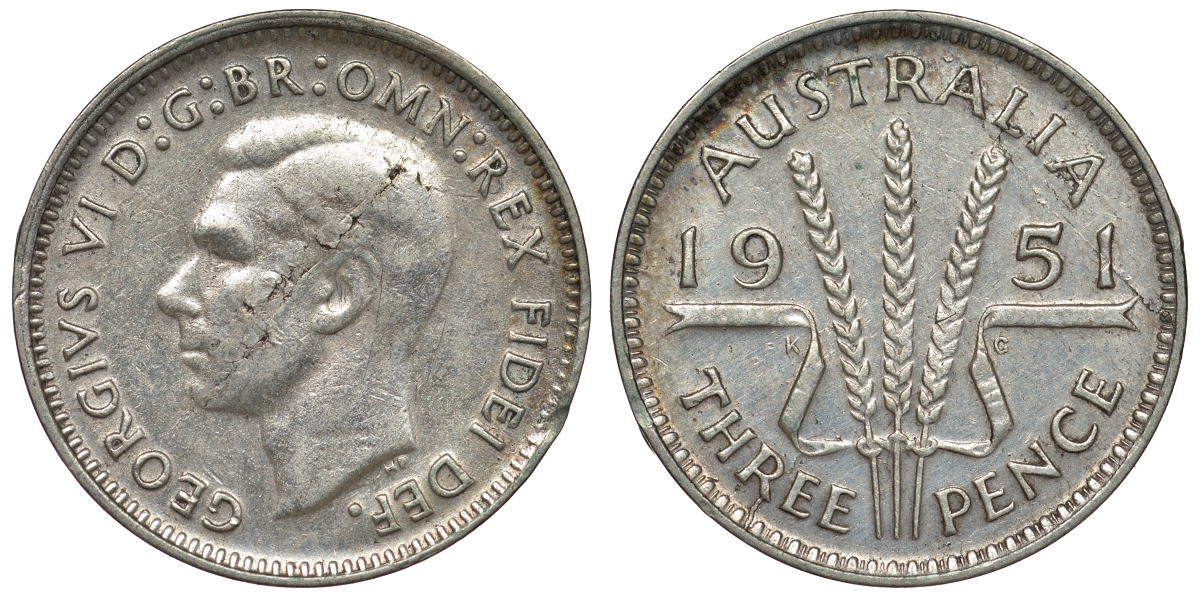 Австралия 3 пенса 1951 m, Георг VI (1937-1952), без букв KM 44 серебро 71-352